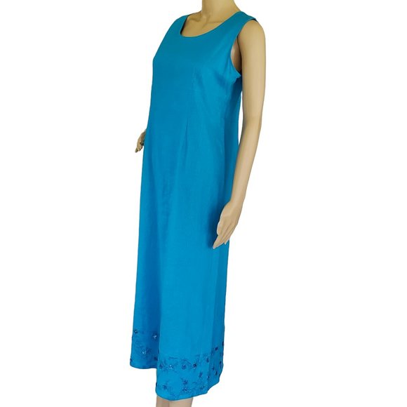 Vintage Sag Harbor Linen Dress Women's 6P Sleeveless Midi Blue Beads & Sequins - Picture 2 of 9